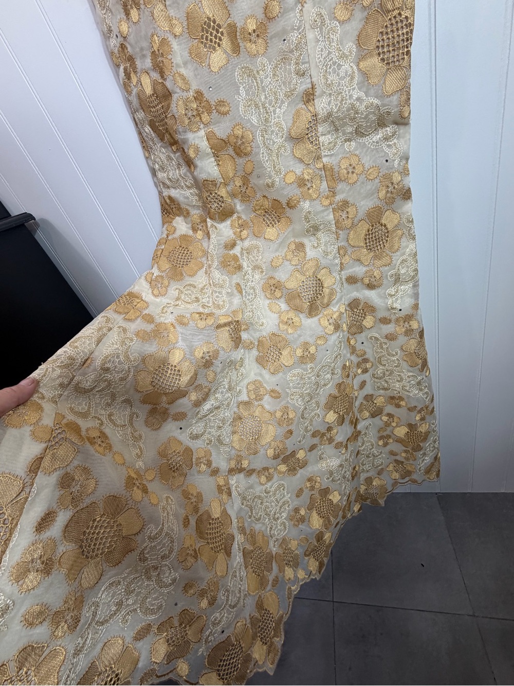 Vintage Gold Floral Embroidered Mermaid Maxi Dress Formal Gown Small Boho Glam - Picture 10 of 10